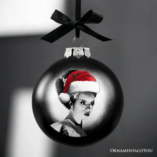 Frankenstein's Bride Christmas Spooky Portrait Glass Ornament, Black Horror Halloween Tree Decoration {4}