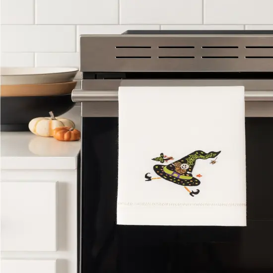 Ms. Muffet Cream & Black Witch Hat Halloween Flour Sack Embroidered Dish Towel {2}