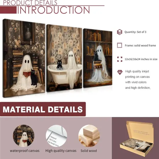 3 Piece Halloween Ghost Canvas Wall Art - 12x16 Inch {5}