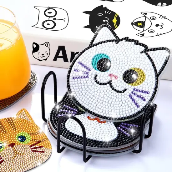 10PCs Diamond Painting Coasters Set - Cat Theme Diamond Art Coasters Painting Kits {4}