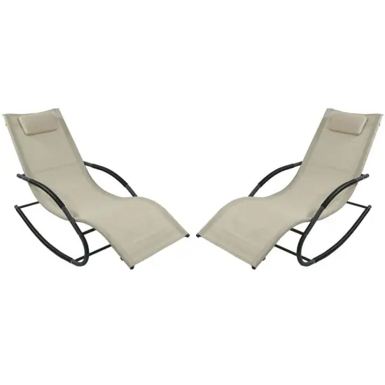 Beige Outdoor Weather-Resistant Rocking Chaise Lounge Chair with Pillow and Steel Frame {2}