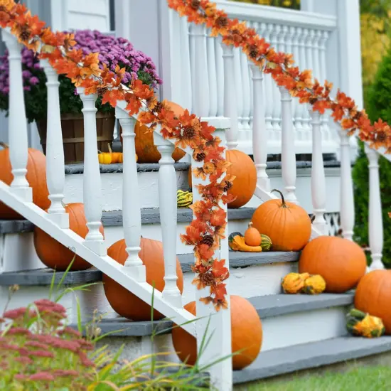6FT Fall Garland, Fall Maple Leaf Garland Decor with Velvet Pumpkin {4}