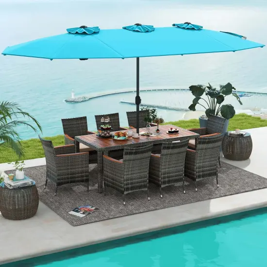 Costway 10 Pieces Patio Wicker Dining Set with Double-Sided Patio Umbrella 8 Armchairs Grey/Red/Orange/Turquoise/Beige/Coffee {3}