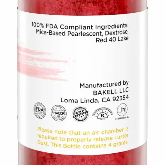 Bakell - Christmas Red Luster Dust (4g, 1x Pump) Edible Vegan Dust & Paint for Baking, Desserts and Beverages {6}