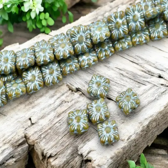 *13* 11mm Metallic Turquise Washed Pale Blue Travertine Square Zinnia Flower Beads {3}