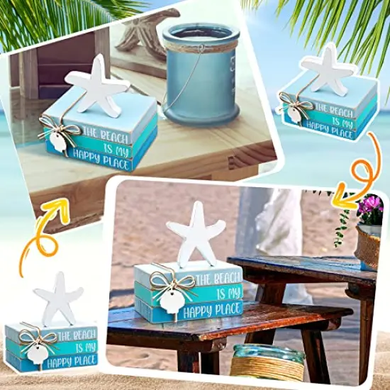 4 Pcs Starfish Shell Beach Tiered Tray Beach Blue Wooden Book Decor Wood Stacked Book Table Centerpiece for Summer Rustic Farmhouse Home Living Room Decorative(Starfish Shell) {2}