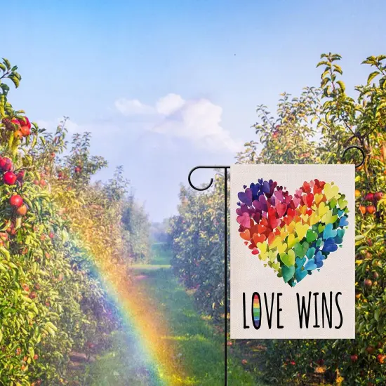 Gay Pride Love Wins Rainbow Small Decorative Garden Flag, LGBTQ Hearts Yard Lawn Outside Pride Month Decor, Lesbian Bisexual Pansexual Burlap Outdoor Home Decoration Double Sided 12 x 18 {5}