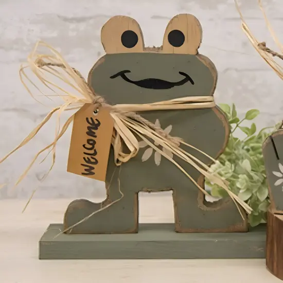 Green Wood Frog Figurine with Distressed Finish, Raffia Bow and Welcome Tag {2}