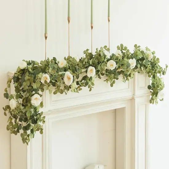 6.56ft Eucalyptus Garland with Flowers-8 White Roses, Artificial Fake Flowers Greenery Garland Floral Vines for Decoration Party Wedding Table Indoor Outdoor Backdrop Wall Decor(White) {4}