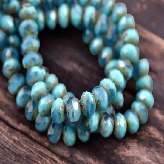 *25* 6x8mm Blended Turquoise & Montana Blue Picasso Fire Polished Rondelle Beads {2}