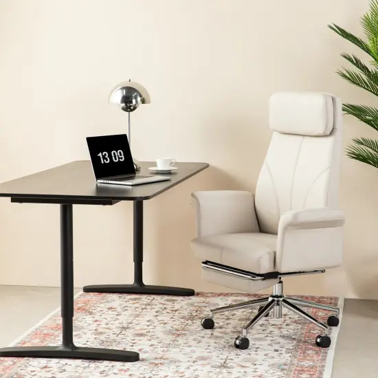 Modern Deluxe Faux Leather Gaslift Adjustable Swivel High Back Office Chair with Footrest and Armrest Ivory {10}