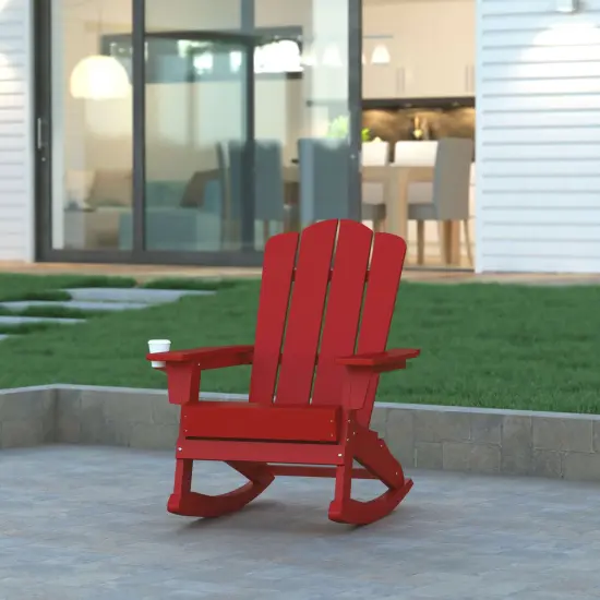 Emma and Oliver Tiverton Adirondack Rocking Chair with Cup Holder, Weather Resistant HDPE Adirondack Rocking Chair Brown {7}