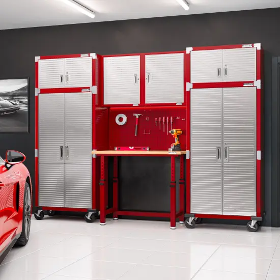 Seville Classics UltraHD Height Adjustable Workbench, 48" W x 24" D x 28.5" to 42" H Red {5}