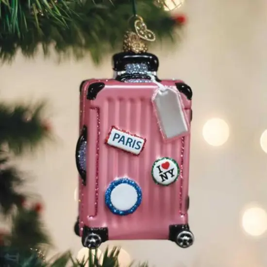 Old World Christmas 4.0 Inch Pink Rolling Suitcase Christmas Tree Ornament , Christmas Decor Travel Luggage Memories {3}