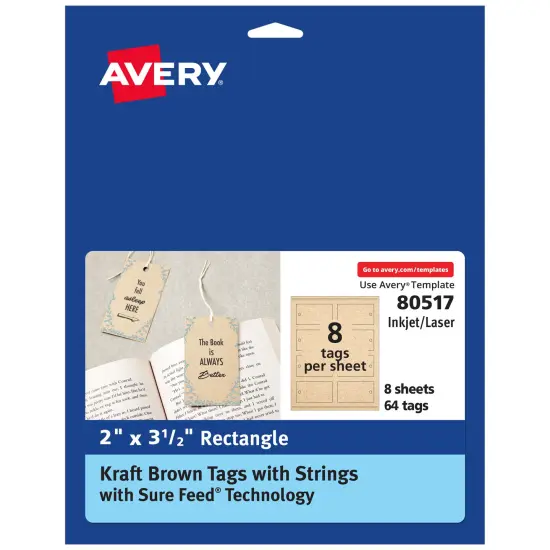 Avery Kraft Brown Rectangle Tags with Sure Feed Technology, 2" x 3.5", Laser/Inkjet, 64 Printable Tags with Strings Included, Also Great for Gift Tags and Favor Tags (80517) {1}