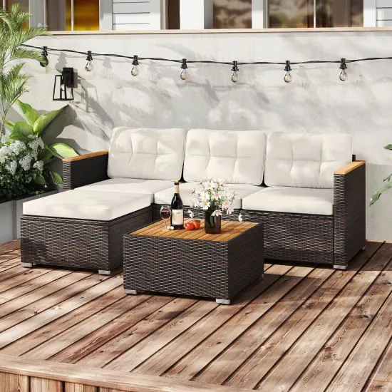 Costway 5 Piece Wicker Conversation Set Patio Rattan Chair & Coffee Table Set for Porch {1}