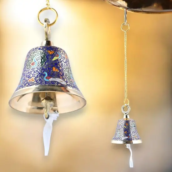 Antique Brass Hanging Bells with Chain for Temple Pooja Room Mandir Decor Peacock Print Small Hanging Bell - 4.75x4 inch Puja Ghanti for Housewarming Gift (Chain Length With Hook 12 Inches) Blue {1}