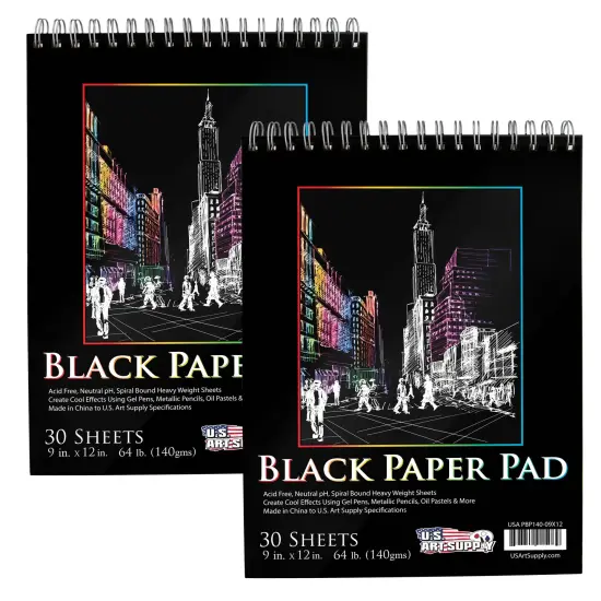 9x12" Premium Heavy-Weight Black Paper Sketchbook, 64lb (140gsm), 2 Pack, 30 Sheets, Spiral Bound, Black Paper Notebook for Colored Pencil, Markers, Oil Pastels, Chalk, Charcoal {1}