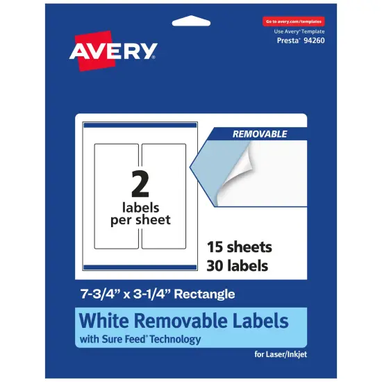 Avery Matte White Removable Rectangle Labels with Sure Feed Technology, Print-to-the-Edge, 7.75" x 3.25" {1}