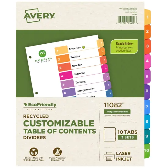 Avery EcoFriendly Recycled Dividers for 3 Ring Binders, 10 Tabs per Set, Customizable Table of Contents, Multicolor Tabs (3 Sets of 11082) {1}