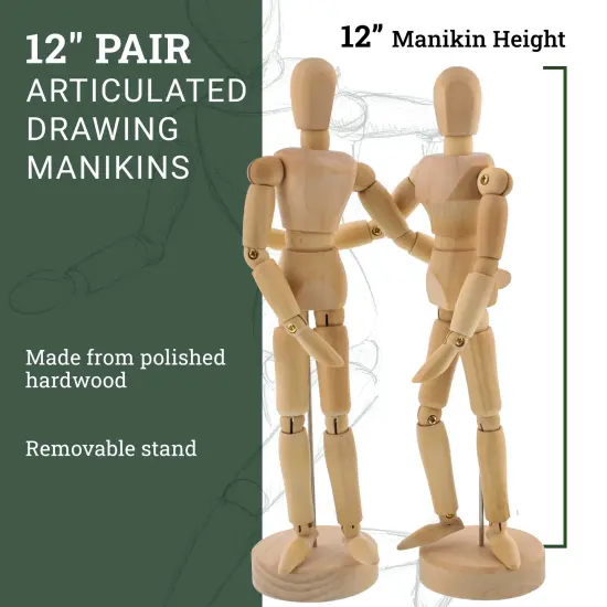 Wood 12" Artist Drawing Manikin Articulated Mannequin with Base and Flexible Body - Perfect For Drawing the Human Figure (12" Pair - Male & Female) {2}