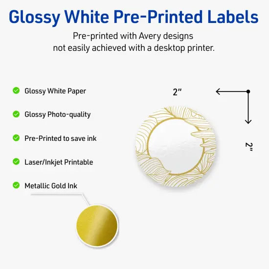 Avery Printable Round Labels with Sure Feed Technology, Pre-Printed Gold Florals, Glossy White, 2" Diameter, Laser & Inkjet Compatible, 120 Total, Great for Branding, Marketing, and Events {2}