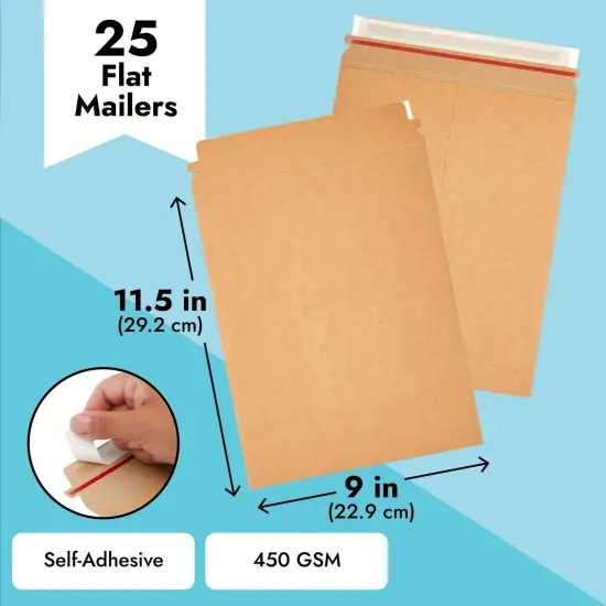 25-Pack Stay Flat Rigid Mailers 9x11.5 with Self Adhesive Seal, 450 gsm Sturdy Brown Cardboard Envelopes for Shipping Photos, Magazines, Comic Books, Art Prints, Documents, Collectibles {4}