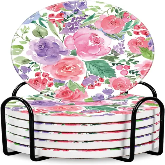 6Pcs Spring Watercolor Flower Coaster with Holder {1}