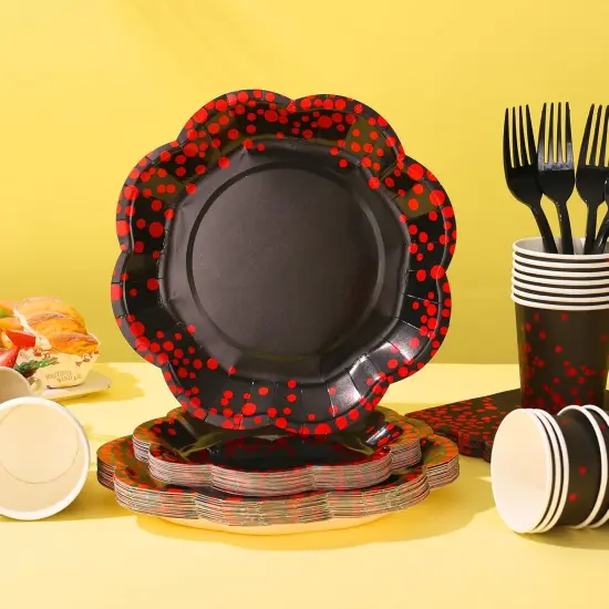 175PCS Red and Black Birthday Decorations,Red Dot on Black Party Plates and Napkins,Black Paper Plates for Birthday Baby Shower Wedding Anniversary Party Decorations,Serves 25 {4}