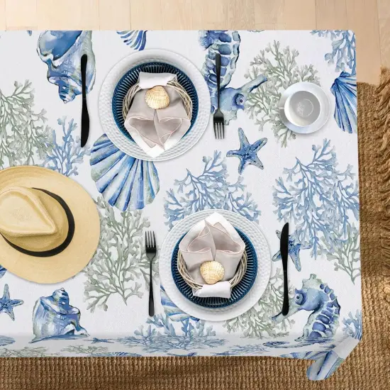 Blue Beach Tablecloth 60 x 84 Inches &ndash; Coastal Ocean Table Cover with Conch, Coral, Starfish & Seahorse for Summer Dining, Picnic, or Party Decor {5}