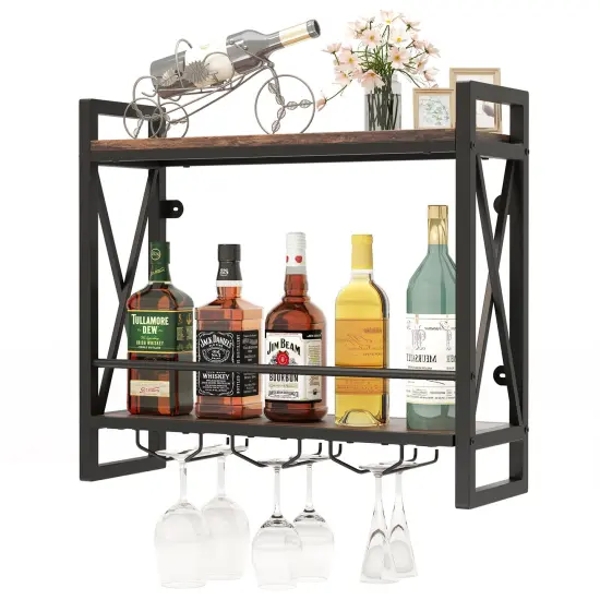 Rustic Brown Metal Frame Wall Mounted Wine Rack with 2-Tier Shelves and 3 Glass Holders {4}