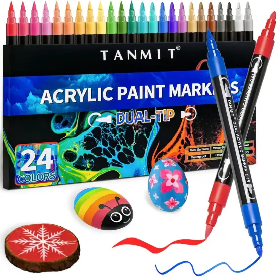 24 Colors Acrylic Paint Pens, Dual Tip Acrylic Paint Markers with Brush Tip and Fine Tip, Acrylic Pens for Rock Painting, Wood, Canvas, Stone, Glass, Ceramic,DIY Crafts Making Art Supplies {1}