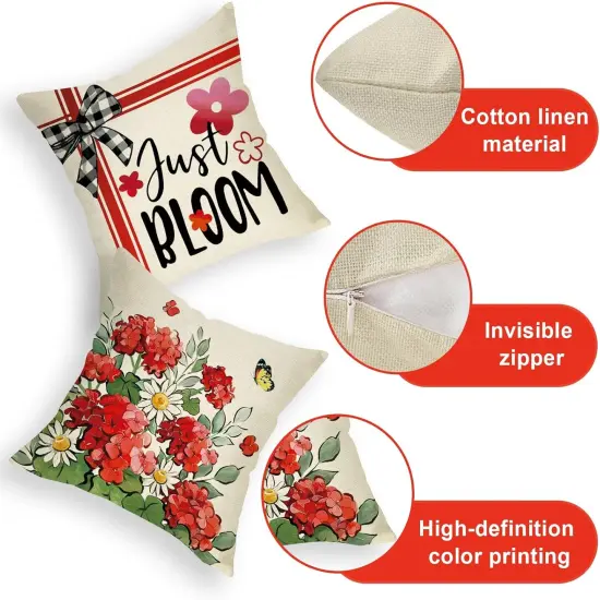 Just Bloom Geranium Daisy Flower Floral Cushion Case Decor, Buffalo Plaid Check Truck Farmhouse Home Decoration for Sofa Couch {3}