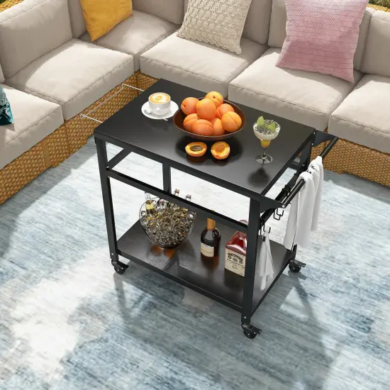 Black Metal BBQ Cart Table with Storage Shelf, Hooks and Lockable Wheels {3}