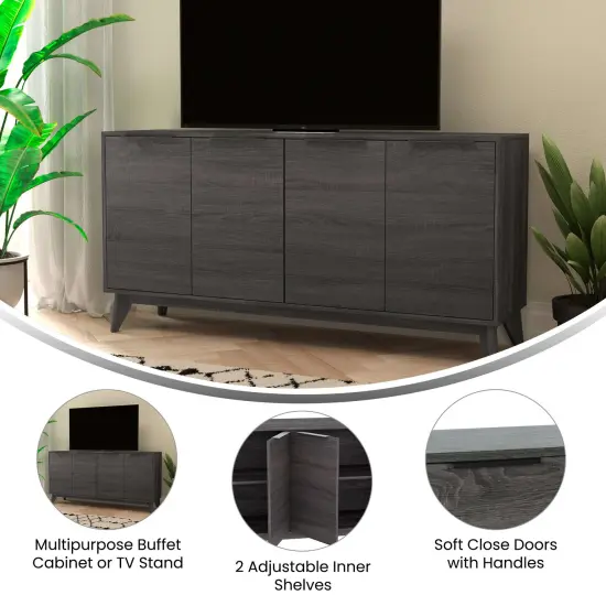 Merrick Lane Blakely Mid-Century Modern Four Door Buffet, TV Stand with Shelving Black Wash {3}