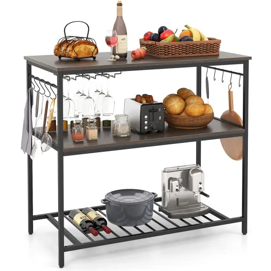 Grey Wooden Kitchen Island with 3 Shelves Wine Glass Holders and 10 Metal Hooks {4}