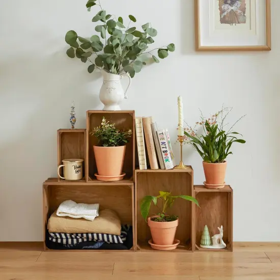 Set of 5 Vintage Rustic Decorative Nesting Wooden Crates Storage with Open Handles {4}