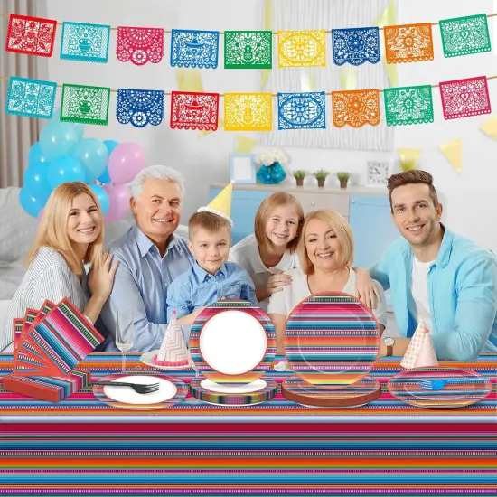 119 Pcs Mexican Fiesta Party Supplies Set Includes Cinco De Mayo Mexico Serape Plates, Napkins, Forks, Tablecloth, Banners, Colorful Stripes Tableware for Dance Pinata Taco Party, Serve 25 {4}