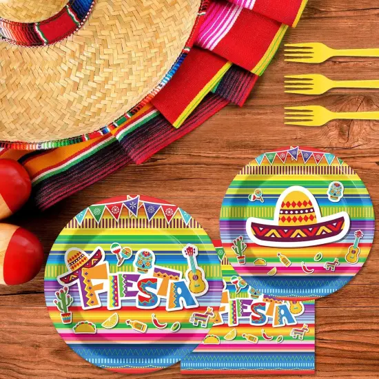 96 Pieces Fiesta Party Decorations Mexican Plates Tableware Set for Cinco De Mayo Party Decorations Supplies Mexican Themed Paper Dessert Plates Napkins Forks for 24 Guests Birthday Party Favors {5}