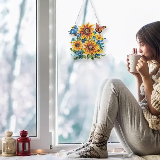 Diamond Art Painting Ornament Sunflower, DIY Double Sided Acrylic Diamonds Painting Butterfly Pendant Kit for Adults {3}