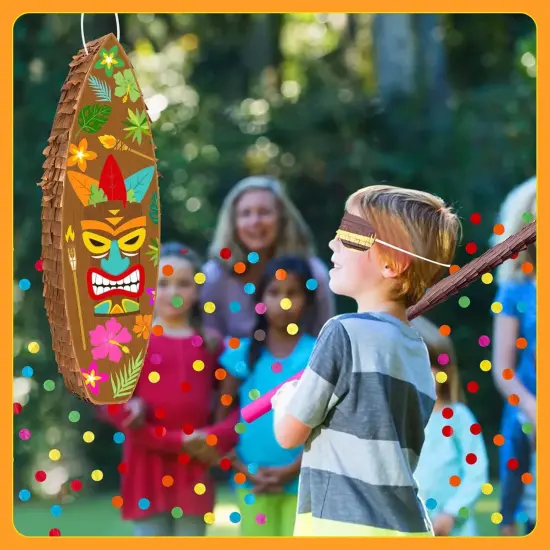 Tiki Pi&ntilde;ata Surfboard Pinata Tropical Pinatas Hawaiian Luau Pinatas with Stick Blindfold Confetti {3}