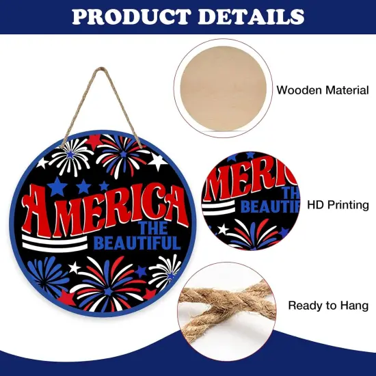 Patriotic American Fireworks Wood Door Hanger Outdoor Outside Porch Decor, USA Stars Wooden Wreath Indoor Wall Hanging Decoration {2}