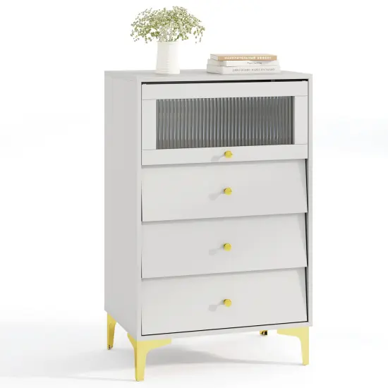 Grey & White Storage Cabinet with Fluted Glass Flip-Up Door and 3 Drawers {1}