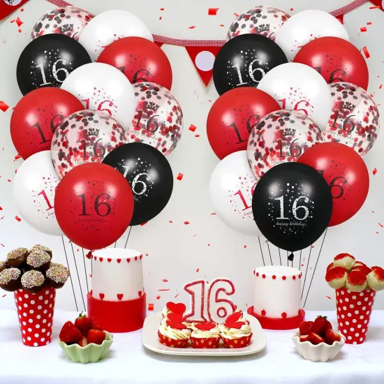 16th Birthday Balloons - 16Pcs Red & Black Latex Balloons for Girls & Boys - Happy 16th Birthday Party Decorations {2}
