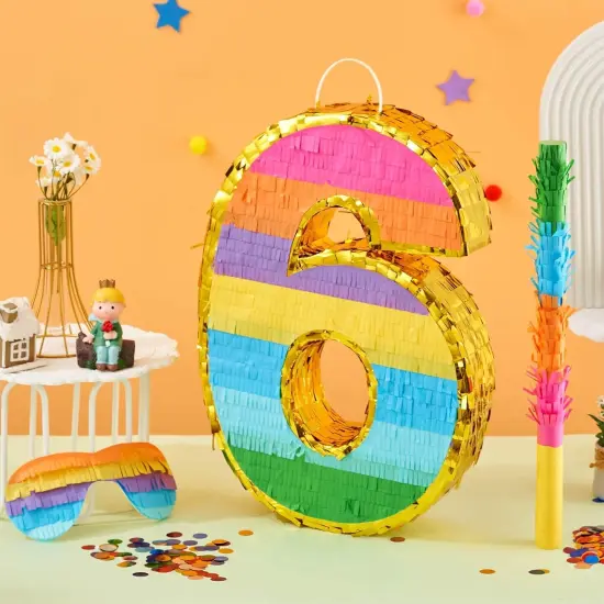 Rainbow Number 6 Pinata for 6th Birthday Party Decorations, Fiesta, Kids Anniversary Celebration, Birthday Pinata with Stick, Blindfold and Confetti (Small, 16.5 x 11.5 x 3 In) {3}