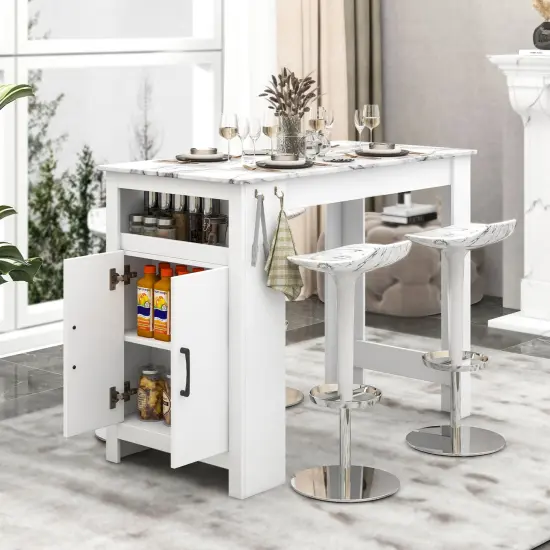 White MDF Bar Table with Faux Marble Top, Adjustable Shelf and Hooks {3}