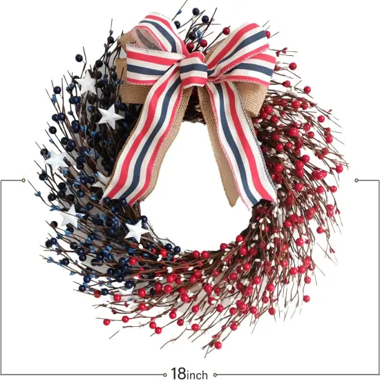 18 Inch Patriotic Red White Blue Berries Wreath for Front Door, 4 of July Memorial Day Independence Day Burlap Bow Wreath for Home Decor, American Flag Day Wreath for Indoor and Outdoor Use {3}