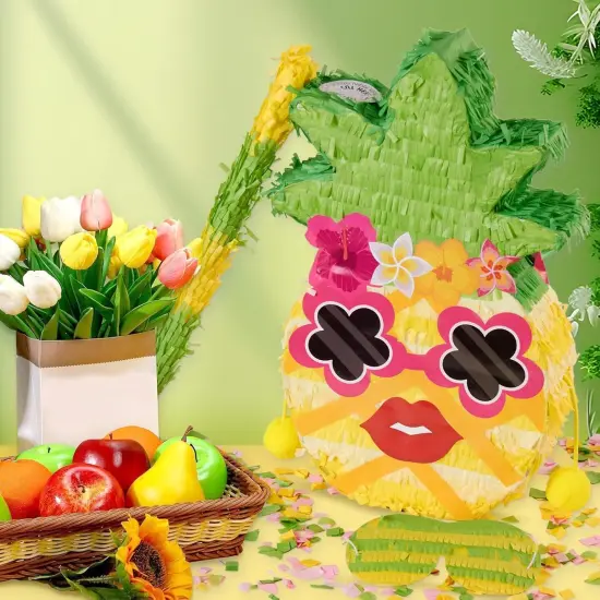 Small Pineapple Pinata, with Blindfold and Stick for Hawaiian Tropical Luau Party Supplies, Summer Fruit Themed Birthday Party Decorations for Girls Boys Kids {4}