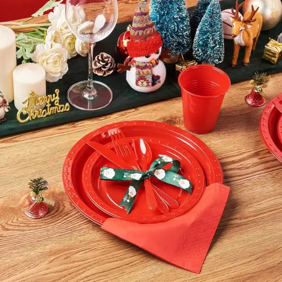 175 PCS Red Plastic Dinnerware Set Includes 50 Plates, 25 Cups, 25 Napkins, 25 Cutlery Spoons Forks & Knives, Disposable Dinnerware Set, Red Party Supplies Set {4}