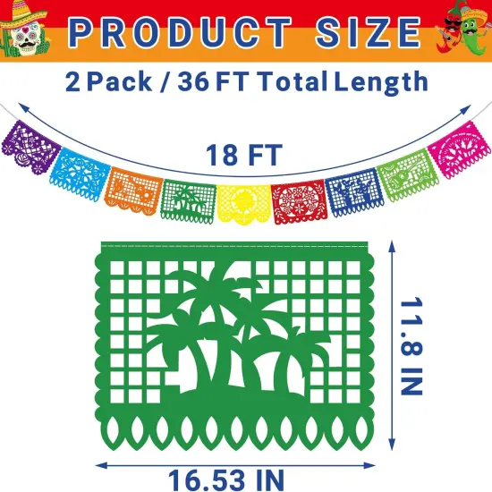 36 FT Cinco De Mayo Decorations, 2 Pack Mexican Party Banner, Plastic Fiesta Banner Colorful Papel Picado Hanging Banner String Flags Mexican Theme Party Dia De Los Muertos Day of the Dead Decor {2}